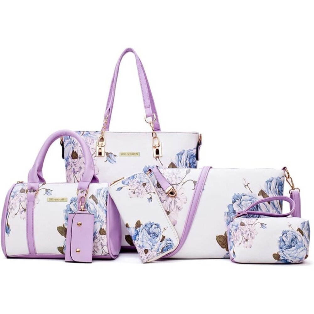 Women's Purple White Faux leather Zipper Simple Top Handle 6pcs Tote Hand Bag